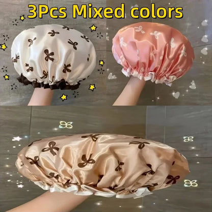 1Pc Double Layered Shower Cap for Women'S Waterproof Foldable Printed Design Bath Cap Kitchen Oil Fume Dust Prevention Headgear
