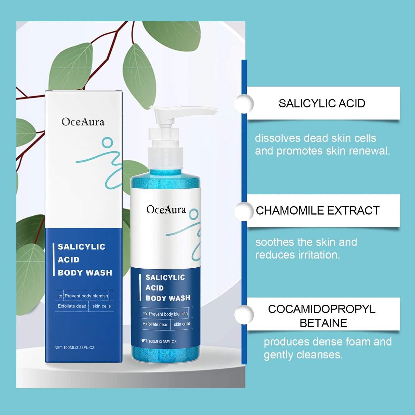 OceAura Salicylic Acid Keratin Shower Gel Warm and Cleansing Body Skin Keratin Care Refreshing Shower Gel 100ml